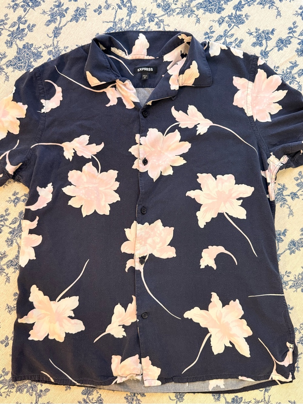Express Men’s Navy Button-Down Shirt with Pale Pink Floral Print